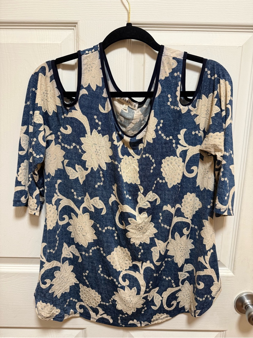 Agenda Navy & Cream (Denim like pattern) Cold-Shoulder Floral Top
